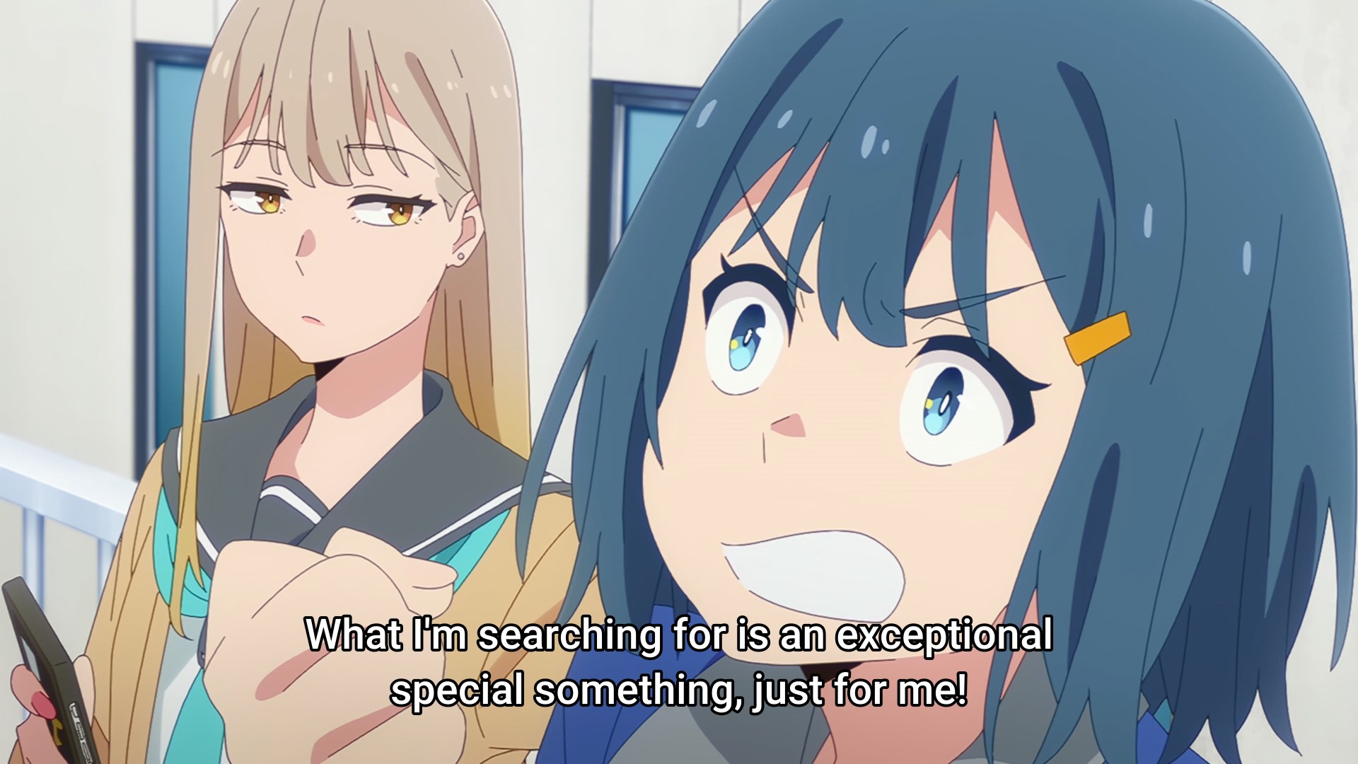 Minami declaring she is going to look for her special extraordinary something while her friend looks on bemused